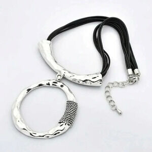 Avant Garde Bold Silver and Black Geometric Circle Pendant Statement Necklace